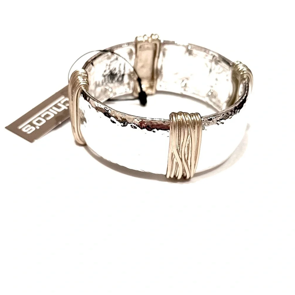 Chico's Two-Tone Hammered Silver and Gold Wide Cuff Bracelet